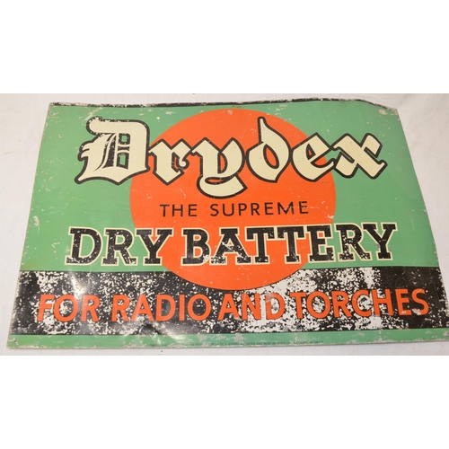 557 - Vintage painted steel plate advertising board for Drydex batteries L63cm x H42cm