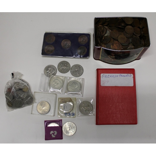523 - Selection of miscellaneous coinage including tin of British copper and bronze content, small folder ... 