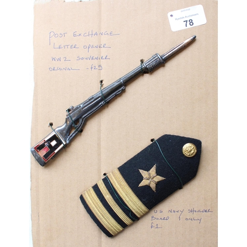78 - US WW2 period post exchange letter opener in the form of an M1 Garand together with a US Navy should... 