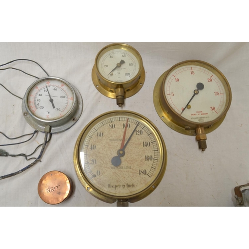 537 - Three pressure gauges, temperature gauge and vintage rotofirm silage thermometer (5)