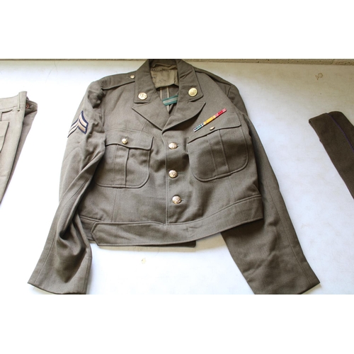 131 - USA Corporal battle dress jacket with brass lapel insignia, brass buttons, metal ribbon, pair of tro... 