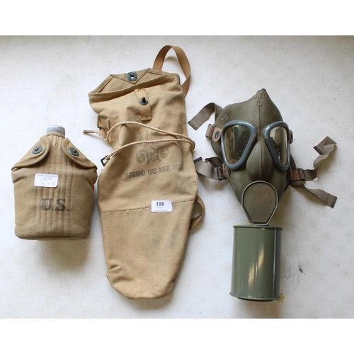 190 - US Military training gas mask, in original canvas case and tie string, US water canteen with cup and... 