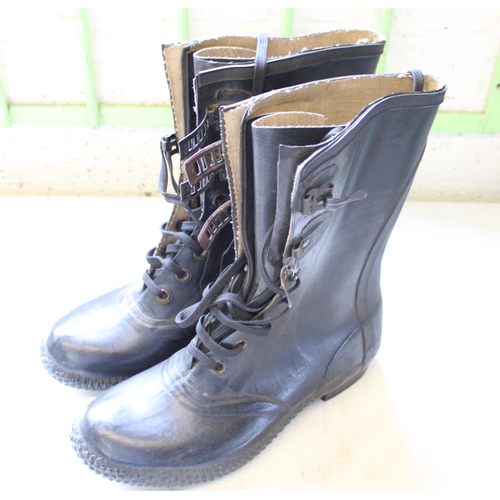 209 - Pair of 1945 naval rubber lace up boots size 8, military belt with brass buckles, naval truncheon ho... 