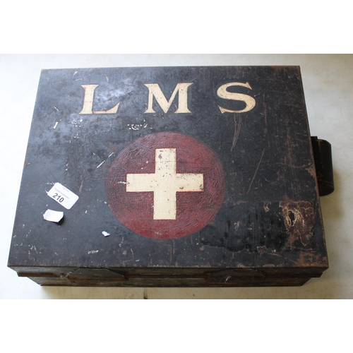 210 - LMS railway metal First Aid box with instructions and contents including large wound dressing, borac... 