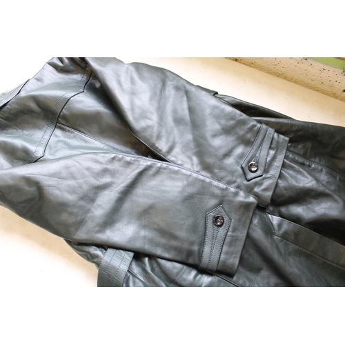 148 - Quality leather full length coat with two outer pockets, belt and Burberry style cotton liner