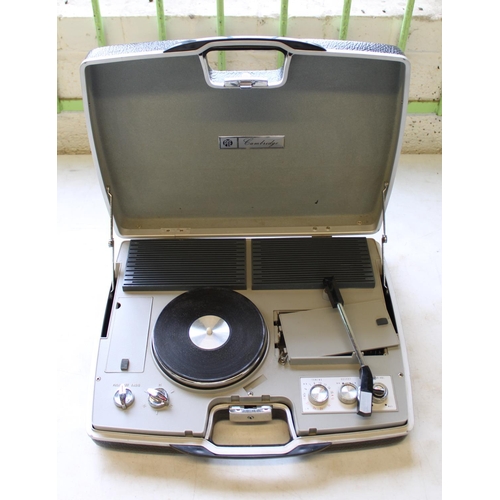 216 - Pye Cambridge portable battery powered cased scarce record player, with three speeds (45, 78 and 33)