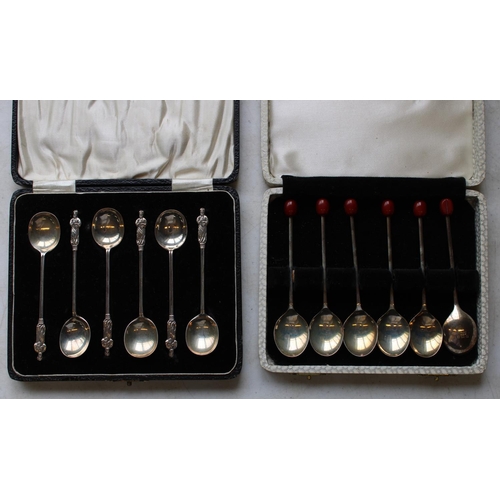 342 - Two sets of silver coffee spoons, one apostle style and one coffee bean style