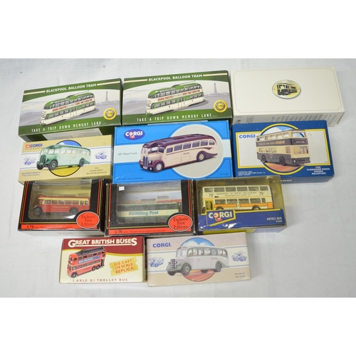 324 - Eleven diecast tram and bus models, including Corgi, Atlas Editions, exclusive first editions etc, a... 