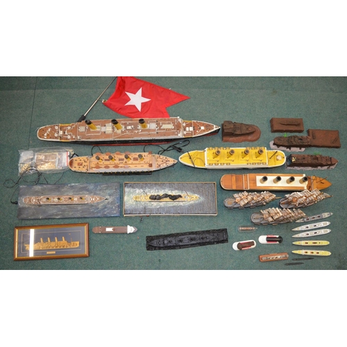 392 - Collection of pre-made ship models, amateur built ship models mostly in wood, including Titanic, Cut... 