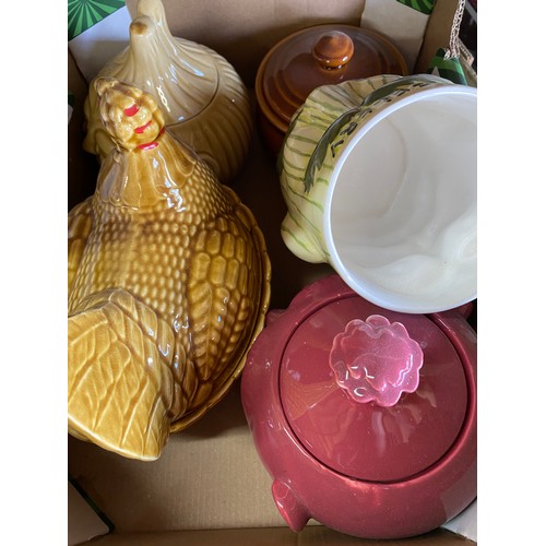 370 - Two large jelly moulds, large chicken jars, beetroot jar, onion jar and a collection of Kiln Craft t... 