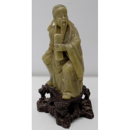378 - C20th green hardstone carved model of immortal, on similar base, H15cm
