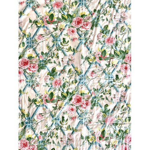 1381 - Three pairs of A Ramms Fabric ‘Ludlow’ pattern curtains, pink roses climbing on blue trellis with a ... 