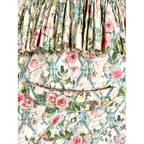 1382 - Pair of A Ramms Fabric ‘Ludlow’ pattern curtains, pink roses climbing on blue trellis with a cream g... 