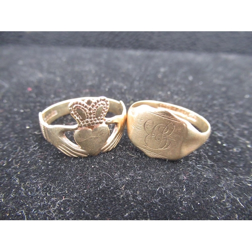 36 - Hallmarked 9ct yellow gold Claddagh ring, size U and a 9ct yellow gold signet ring, initialed, size ... 