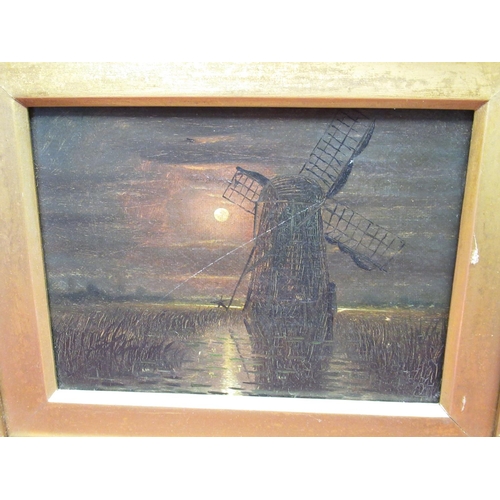 508 - English School (C19th); Nocturne studies of a Windmill and a fishing boat, pair of oils on canvas, 1... 