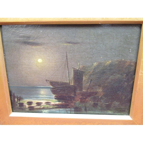 508 - English School (C19th); Nocturne studies of a Windmill and a fishing boat, pair of oils on canvas, 1... 