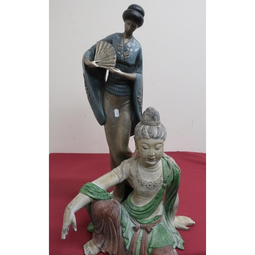 226 - Late 1980s painted plaster figure of a Geshia girl signed Gatutei H68cm, and a painted carved orient... 