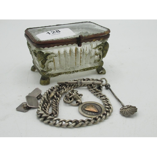 128 - Hallmarked sterling silver watch albert with two fobs, a hallmarked sterling silver shell spoon, a p... 