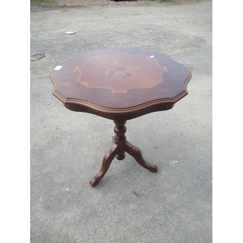 548 - Italian marquetry style pedestal wine table with shaped inlaid top on turned column in three carved ... 