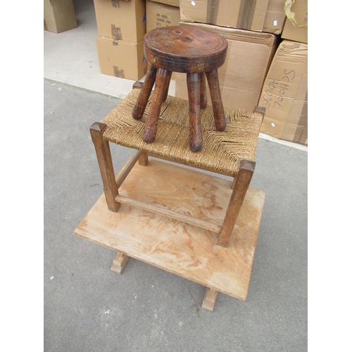 553 - Country made oak stool on six turned legs, early C20th string topped stool and a light oak occasiona... 
