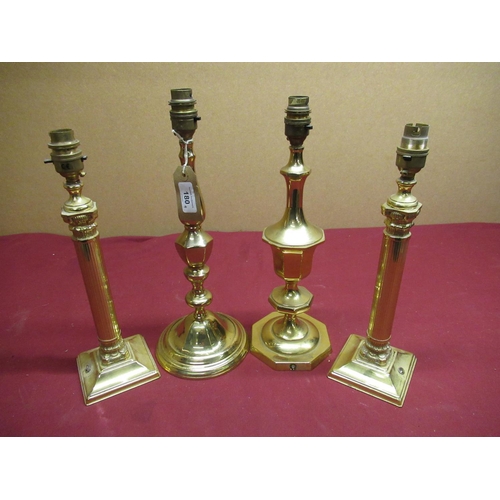 685 - Pair of brass column candlesticks on tapered square bases H35cm, two Dutch style brass table lamps (... 