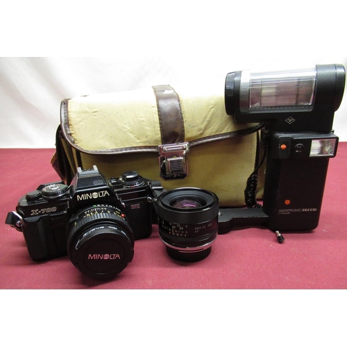 181 - Minolta X-700 with 50mm F2 standard lens, Tamron 24mm lens and flash gun in gadget bag