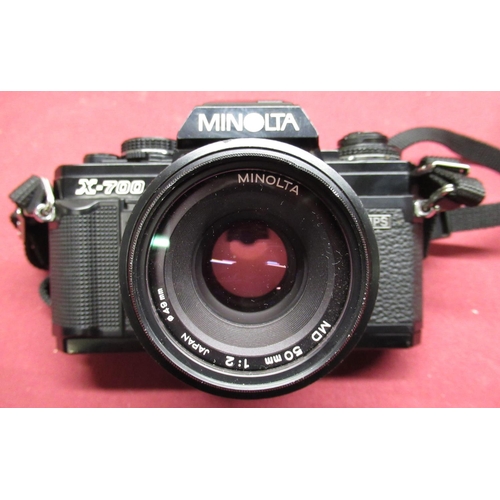 181 - Minolta X-700 with 50mm F2 standard lens, Tamron 24mm lens and flash gun in gadget bag