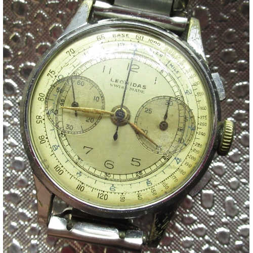 79 - Leonidas , 1940's hand wound chronograph wrist watch, silvered dial with outer Telemeter scale, subs... 