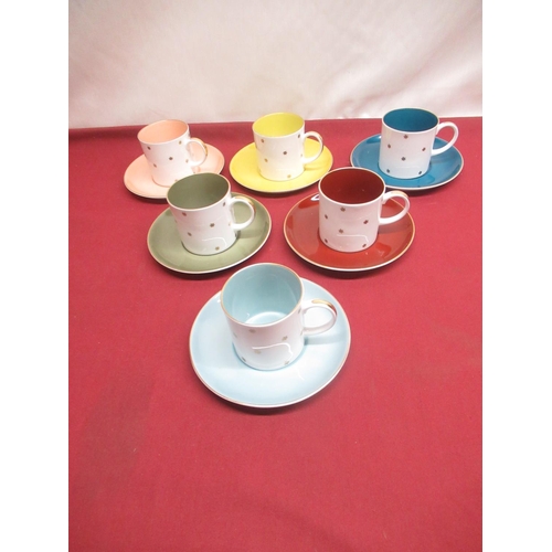 305 - Set of six Art Deco style Multicoloured Susie Cooper teacups and saucers