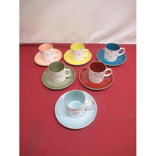 305 - Set of six Art Deco style Multicoloured Susie Cooper teacups and saucers