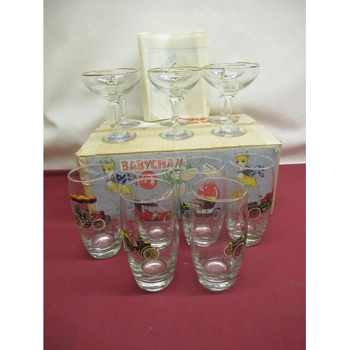 307 - Set of six Babycham glasses with packet of napkins in original box and a set of six glass tumblers w... 