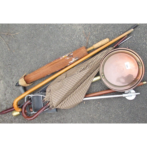 692 - Copper bed warming pan, a selection of walking sticks, a shooting stick, a Japanese bamboo parasol, ... 