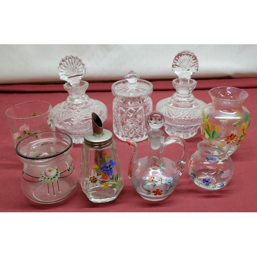 694 - Collection of various decorated glassware, with hand painted flowers including sugar sifter, bowls a... 