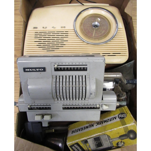 144 - 1960's Multo hand operated calculating machine, 1960's Bush Type VTR103 radio, boxed Decca radio, EN... 