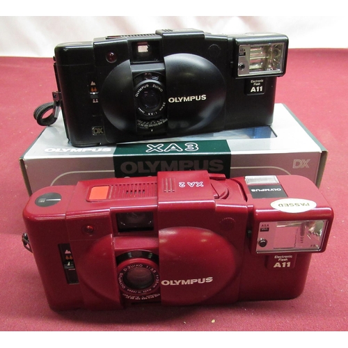 160 - Olympus XA2 with flash in red finish, Olympus XA3 with flash and box.