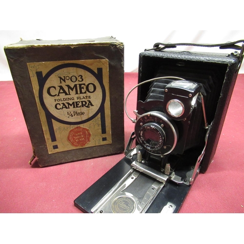 166 - Three quarter plate folding cameras, including Cameo folding plate camera with original box, Zeiss I... 