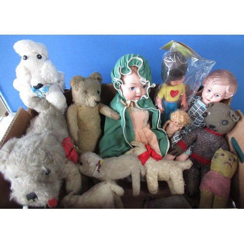 592 - Grey clockwork model of a donkey, a white plush dog, yellow plush teddy bear, three other plush anim... 