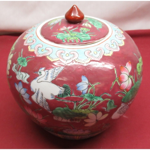 706 - Chinese ginger jar and cover, globular body decorated with exotic birds within foliage, red characte... 