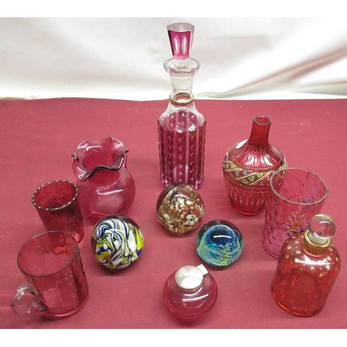 712 - Collection of C19th and later red overlaid and cranberry glass ware incl. oil bottles, beakers, rose... 