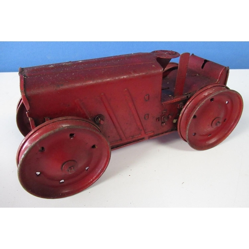 582 - Tri-ang No2 red tinplate clockwork tractor, possible repaint, missing tracks and driver, L21cm