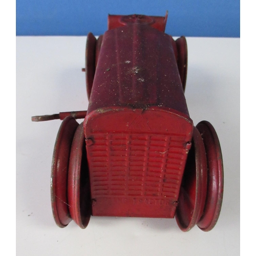 582 - Tri-ang No2 red tinplate clockwork tractor, possible repaint, missing tracks and driver, L21cm