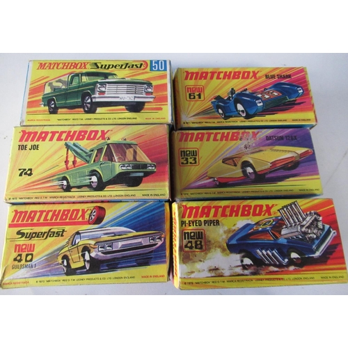 585 - Six boxed matchbox cars in unused condition including  Toe Joe, Pi-Eyed Piper, Blue Shark, Datsun 12... 