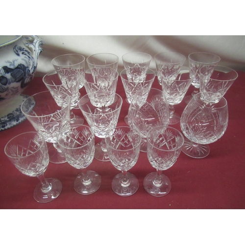 417 - Webb Corbett cut glasses, two brandy glasses, four sherry glasses, wine glasses, two large red wine ... 
