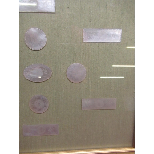 431 - Framed mother of pearl engraved card counters (11)