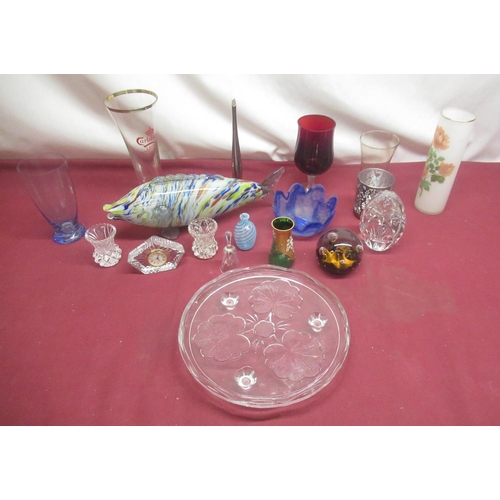 448 - Murano style glass fish, two glass paperweights and a small collection of glassware