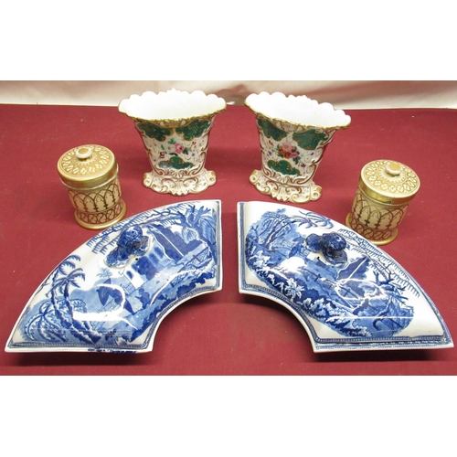 103 - Two blue and white fan shaped servng bowls. two decorated spill vases and two other peoces pf cermiu... 