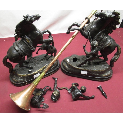 121 - Pair of late C19th Spelter Marley horse figures, H35cm (AF) and a C20th copper and brass post horn L... 