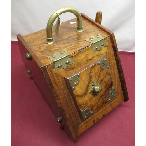 123 - Late Victorian walnut coal box with arched brass handle, brass hinges and mount, and a matching shov... 