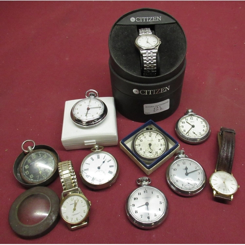 631 - Citizen WR50 quartz wristwatch, cased, (appears running), seven various pocket watches including Ing... 