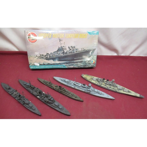 687 - Waterline model ships including HMS Ajax and HMS Dido, and a boxed and sealed Airfix model Vosper MT... 